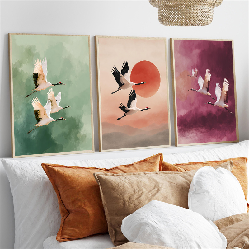 Japanese Lifestyle Home - ヴィンテージクレーン飛行鳥花太陽アートポスター和風キャンバス絵画壁プリント写真ルーム家の装飾