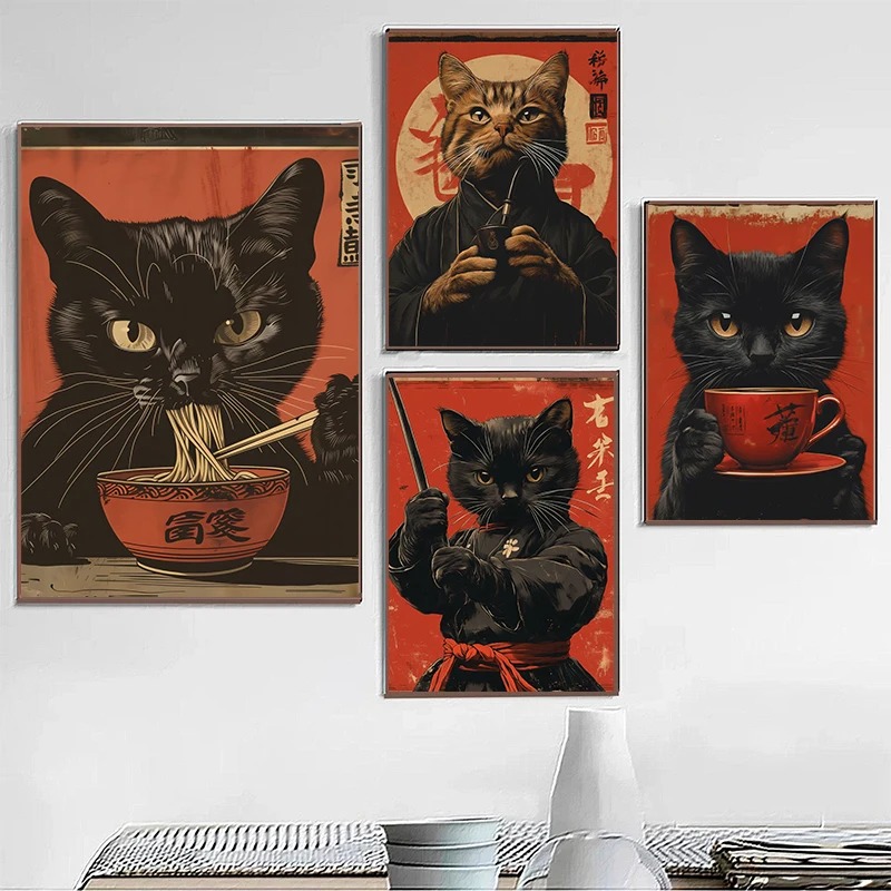 Japanese Lifestyle Home - 江戸風黒猫が麺を食べるお茶を飲むポスターとプリントキャンバス印刷壁アート画像ルームホームデコレーション用