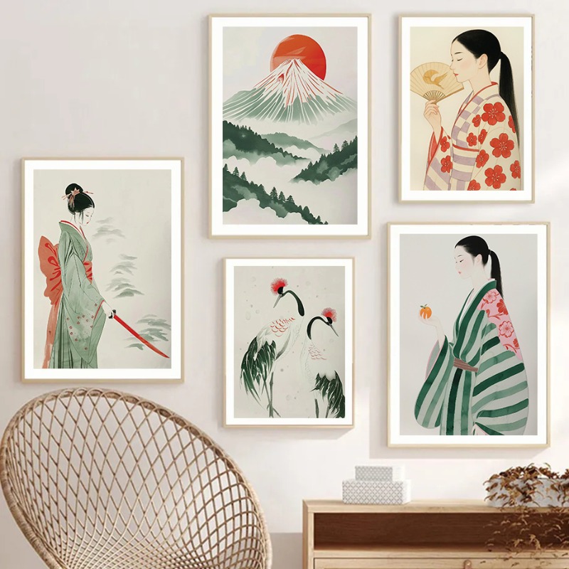 Japanese Lifestyle Home - 富士山と鶴日本の壁プリント現代ミニマリスト風景アート伝統的なアジアの自然ポスター禅家の装飾