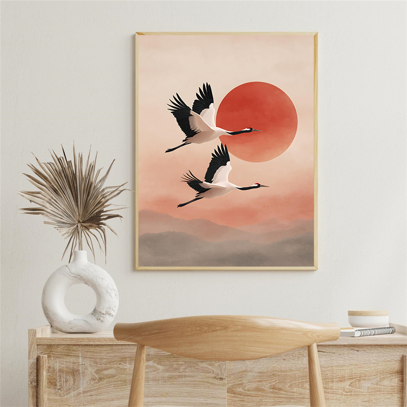 ヴィンテージクレーン飛行鳥花太陽アートポスター和風キャンバス - Japanese Lifestyle Home のレビューと価格