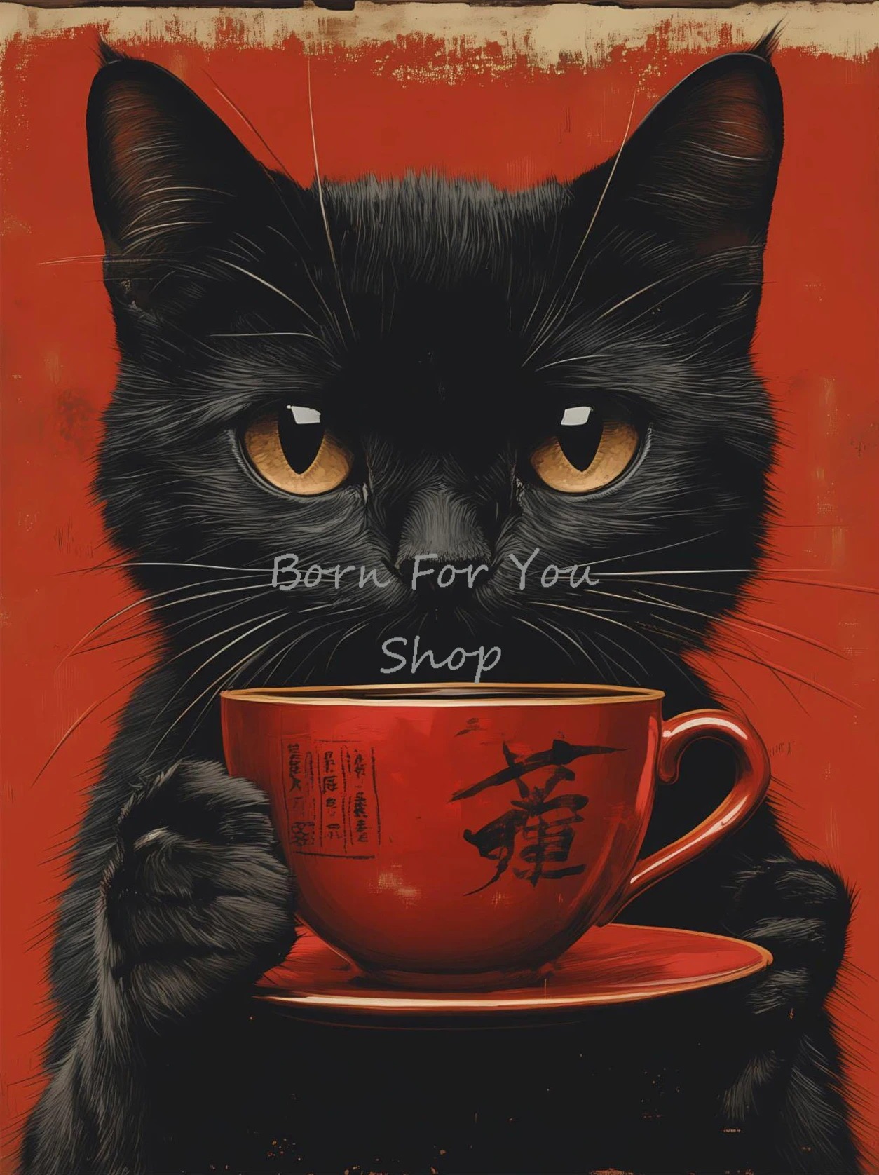 江戸風黒猫が麺を食べるお茶を飲むポスターとプリントキャンバス - Japanese Lifestyle Home のレビューと価格
