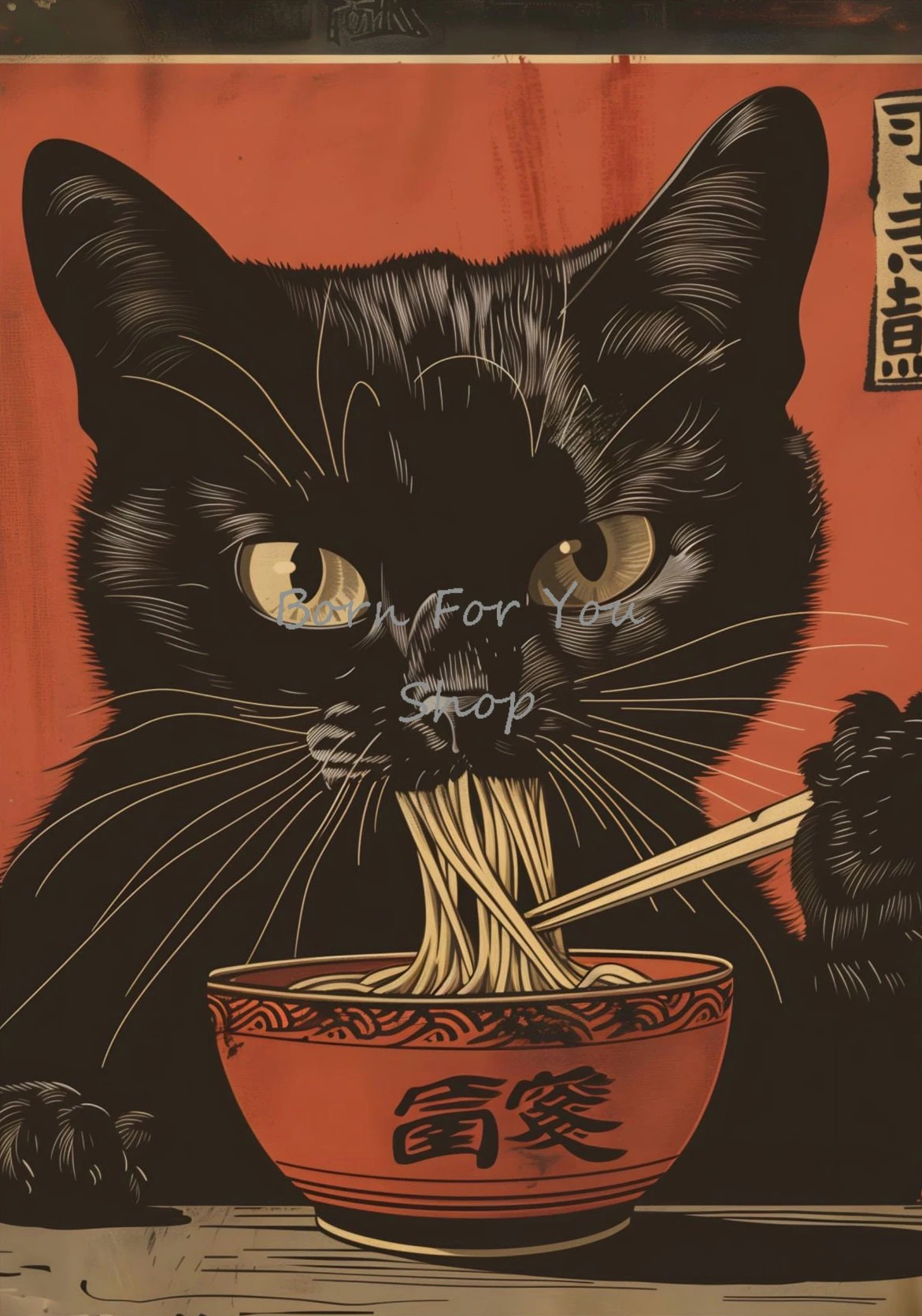 江戸風黒猫が麺を食べるお茶を飲むポスターとプリントキャンバス - Japanese Lifestyle Home のレビューと価格