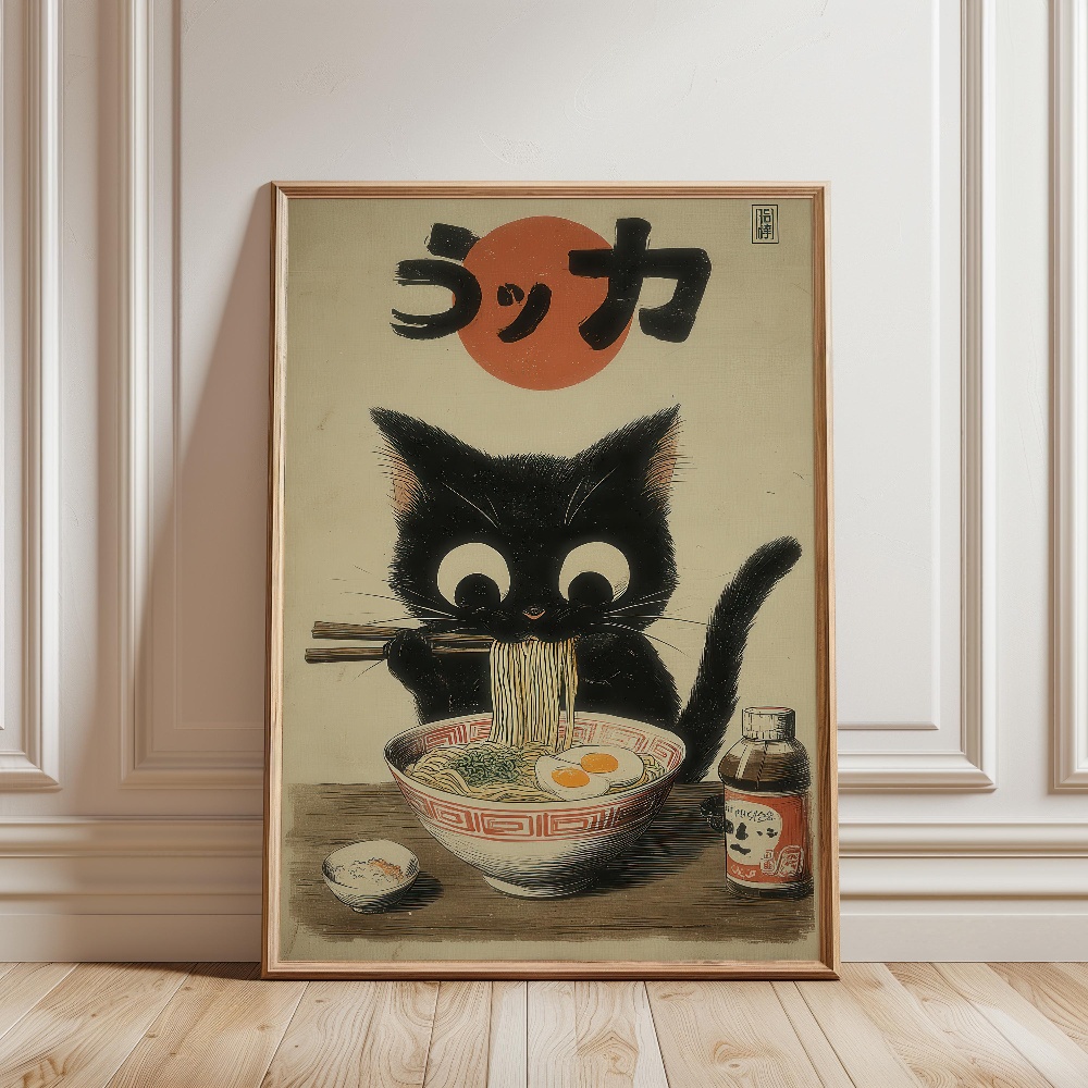 黒猫がラーメンを食べる雨の庭日本の風景猫キャンバス印刷ポスタ - Japanese Lifestyle Home のレビューと価格