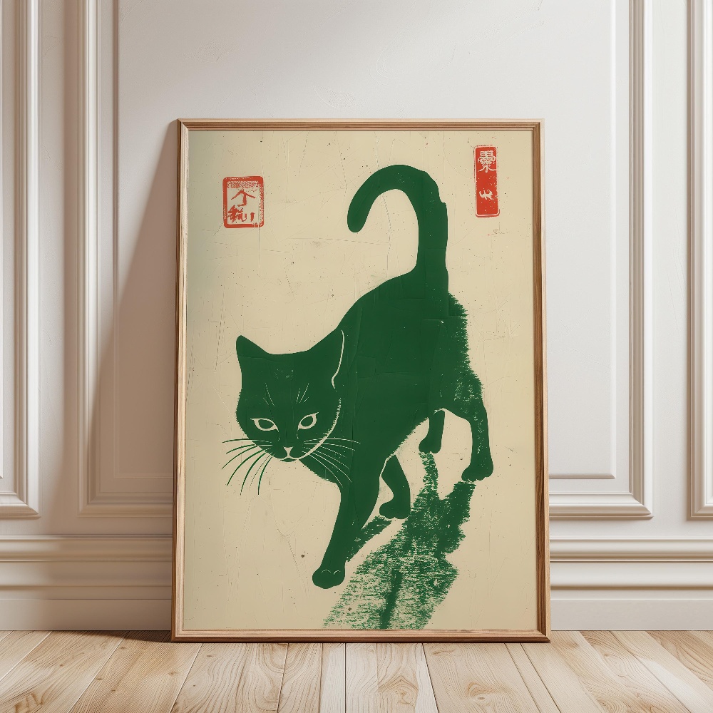 黒猫がラーメンを食べる雨の庭日本の風景猫キャンバス印刷ポスタ - Japanese Lifestyle Home のレビューと価格