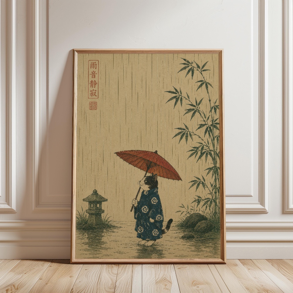 黒猫がラーメンを食べる雨の庭日本の風景猫キャンバス印刷ポスタ - Japanese Lifestyle Home のレビューと価格