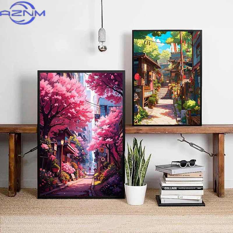 AZNM 日本の街並み風景桜建築キャンバスポスター花植物風景 - Japanese Lifestyle Home のレビューと価格