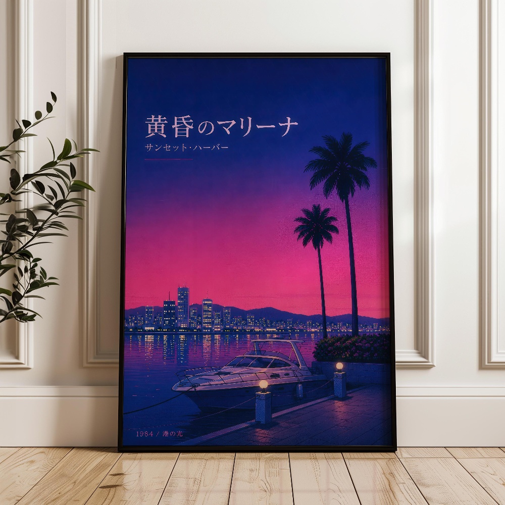 和風夕焼け夜景ビーチレトロベイパーワーブキャンバス絵画壁アー - Japanese Lifestyle Home のレビューと価格