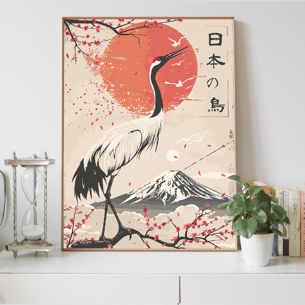 日本の山岳風景と月の頂と花を描いたキャンバス絵画、ウォールア - Japanese Lifestyle Home のレビューと価格