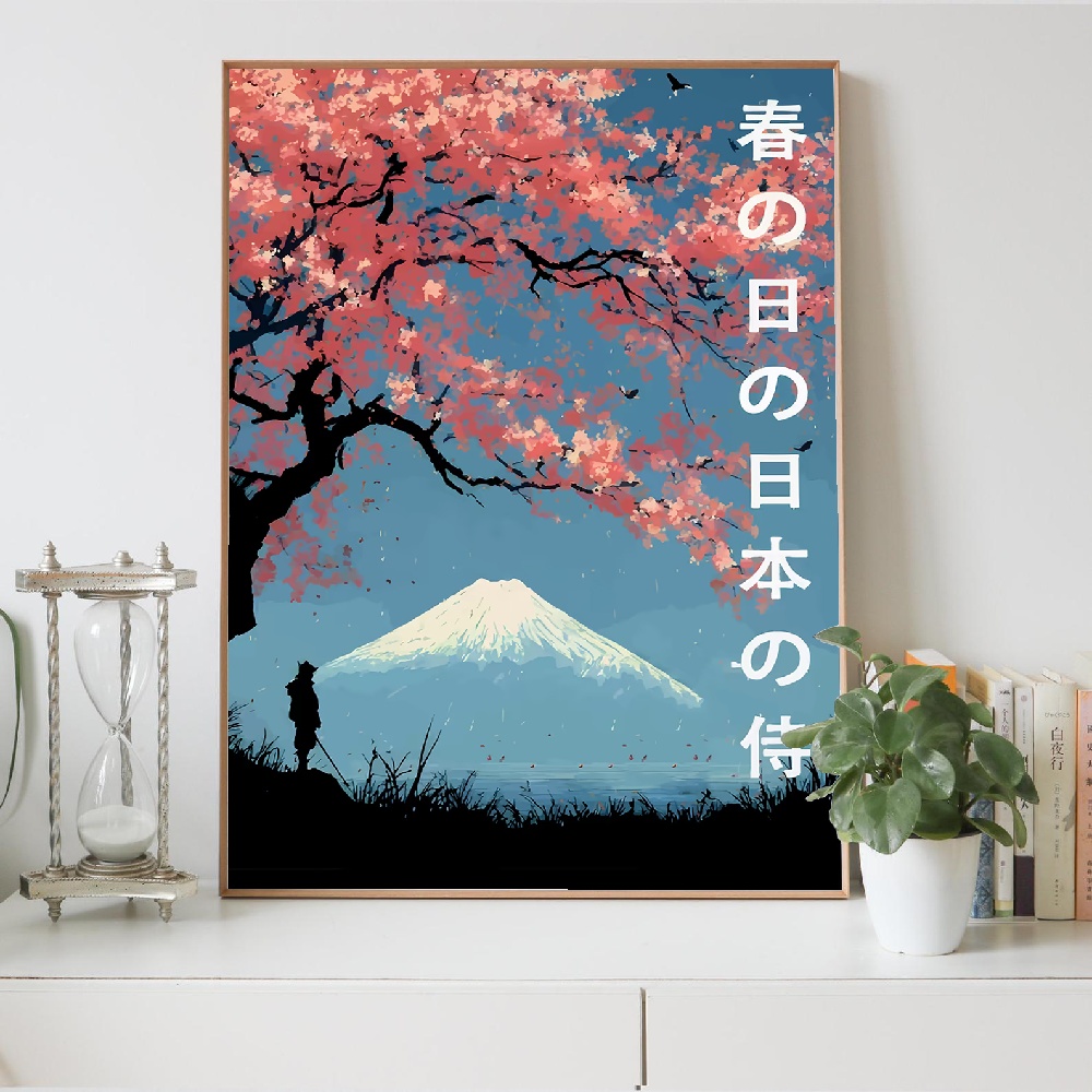 日本の山岳風景と月の頂と花を描いたキャンバス絵画、ウォールア - Japanese Lifestyle Home のレビューと価格