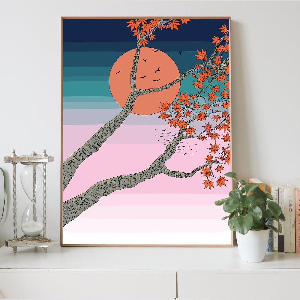 日本の山岳風景と月の頂と花を描いたキャンバス絵画、ウォールア - Japanese Lifestyle Home のレビューと価格